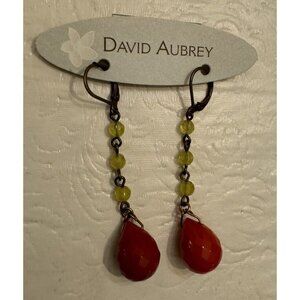 David Aubrey Earrings Teardrop Carnelian Faceted Red LeverBack 2.25” Bronze